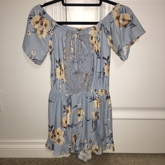 Light Blue Floral Off the Shoulder Romper - Picture 1 of 3